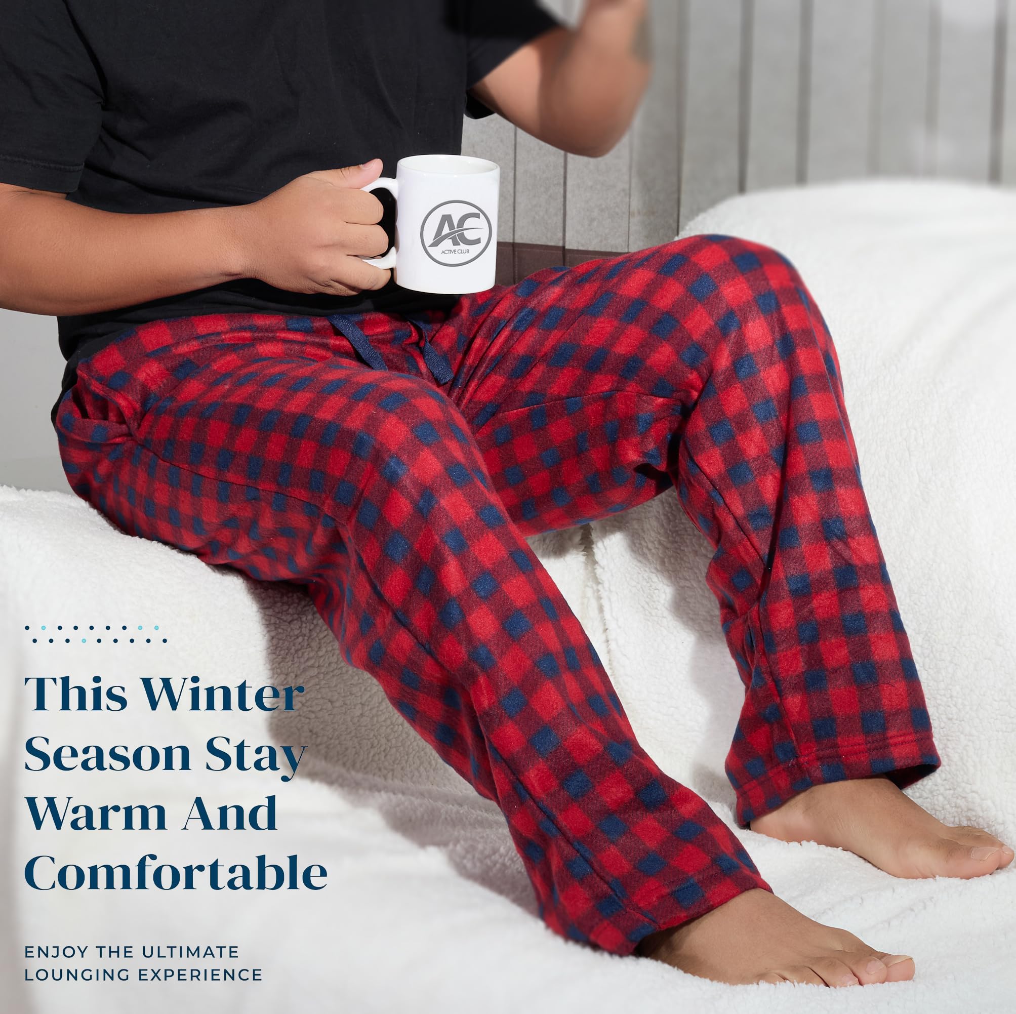 *All Variations Included* Active Club Men's Fleece Pajama Pants - Plaid PJs with Pockets - Lounge Pants for Sleepwear (Buffalo Red Plaid, Medium)