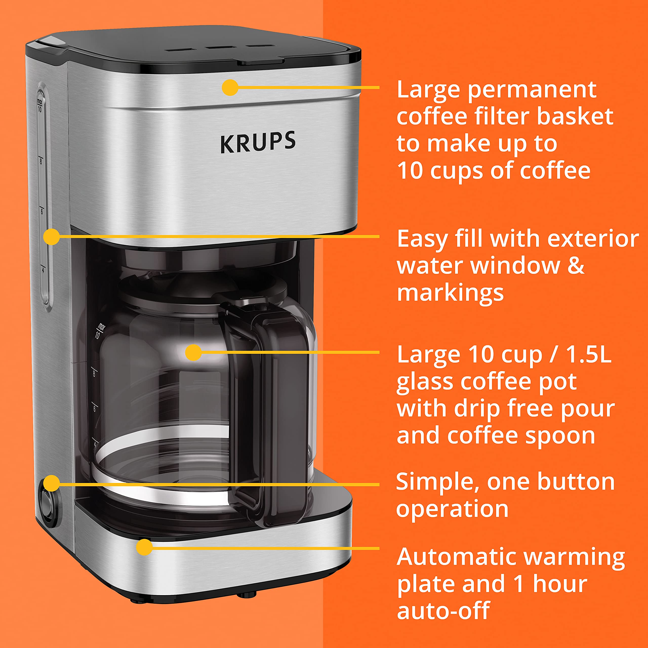 KRUPS Simply Brew Stainless Steel 10 Cup Coffee Maker, Dishwasher Safe Coffee Pot With Cold