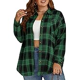 VISLILY Plus-Size-Tops for Women Casual Button Down Flannel Plaid Shirts Long Sleeve Tunics Collared Dressy Blouses XL-5XL