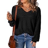 Eytino Womens Plus Size Sweater Casual Long Sleeve V Neck Crochet Knit Lightweight Pullover Sweater Tops(1X-5X)
