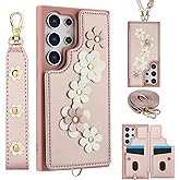 Kimiyaki Wallet Case for Samsung Galaxy S24 Ultra, Magnetic Snap Flip Leather Cover with Flower Design Credit Card Holder Stand Wristband,Galaxy S24 Ultra Protective Phone Case for Women