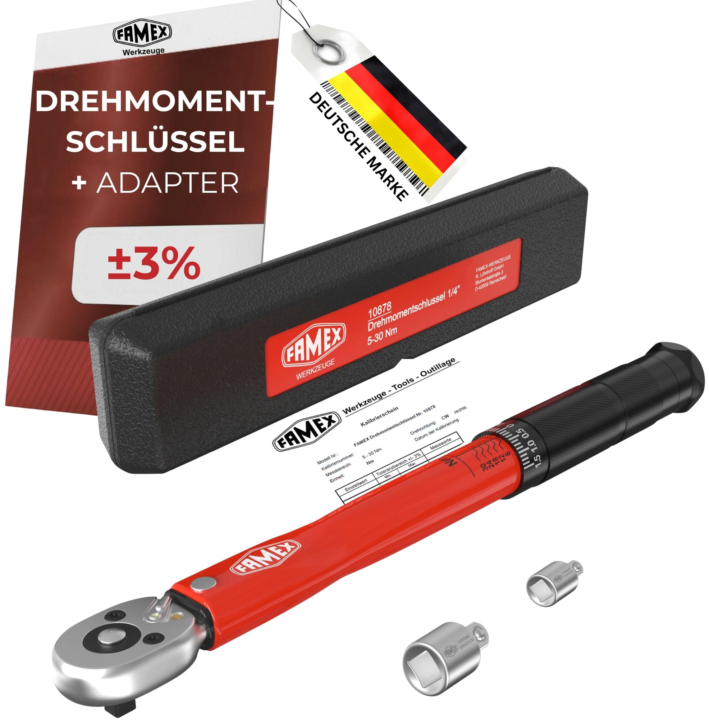 FAMEX 10878-2A Drehmomentschlüssel 1/4 Zoll (6,3mm)-Antrieb 5-30 Nm - für Messung in beiden Drehrichtungen - Fahrrad E-Bike Auto Feinmechanik, geprüft, klein + 2 Adapter