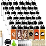 CUCUMI 36pcs 4oz Glass Spice Jars Square Glass Bottles with Black Caps, 1pcs Silicone Collapsible Funnel 203pcs Waterproof La