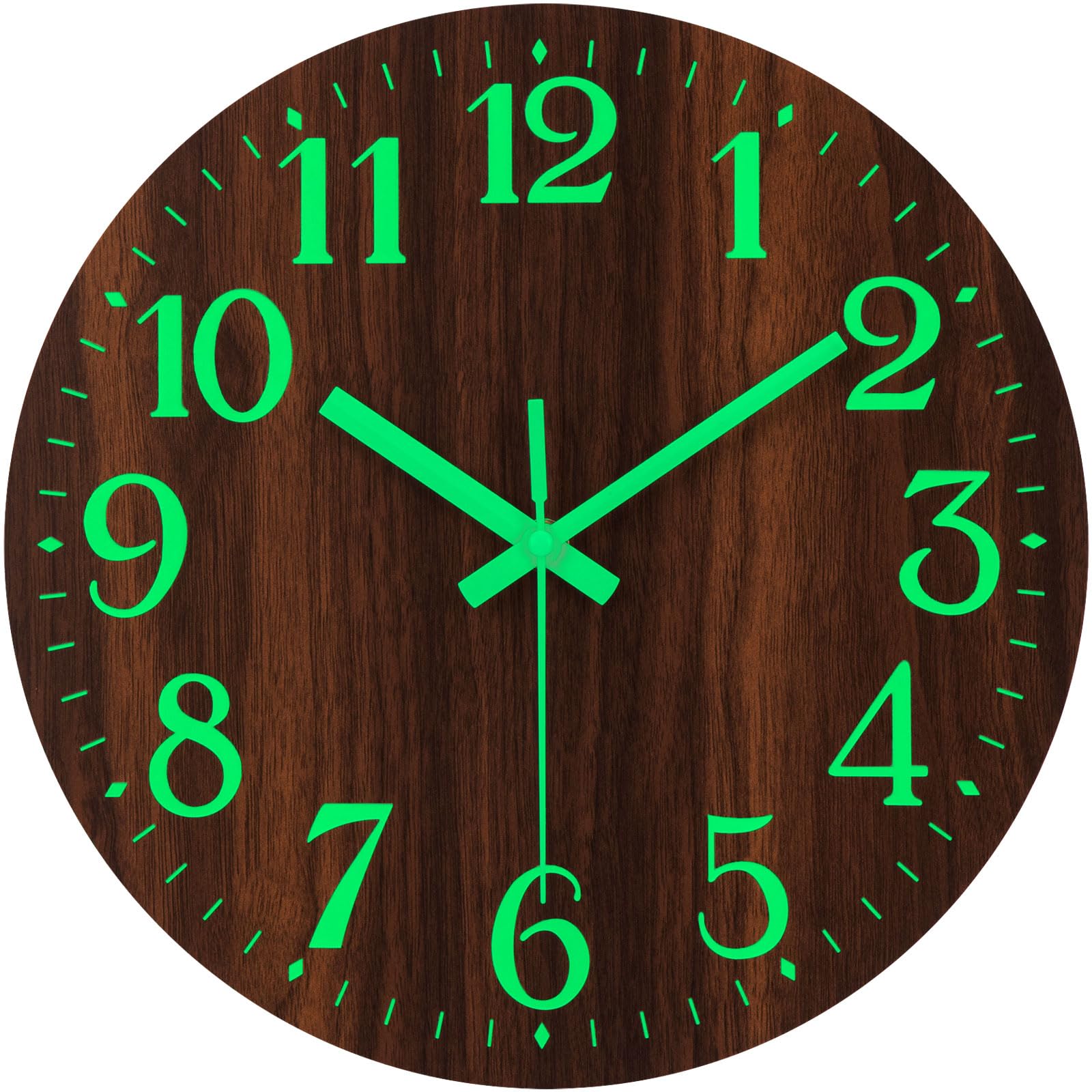 Photo 1 of NESIFEE Glow in Dark Wall Clock, 12 Inch Wall Clock Battery Operated, Silent Non-Ticking Night Light Clock Wall Decoration for Living Room Kitchen Office Bedroom, Brown