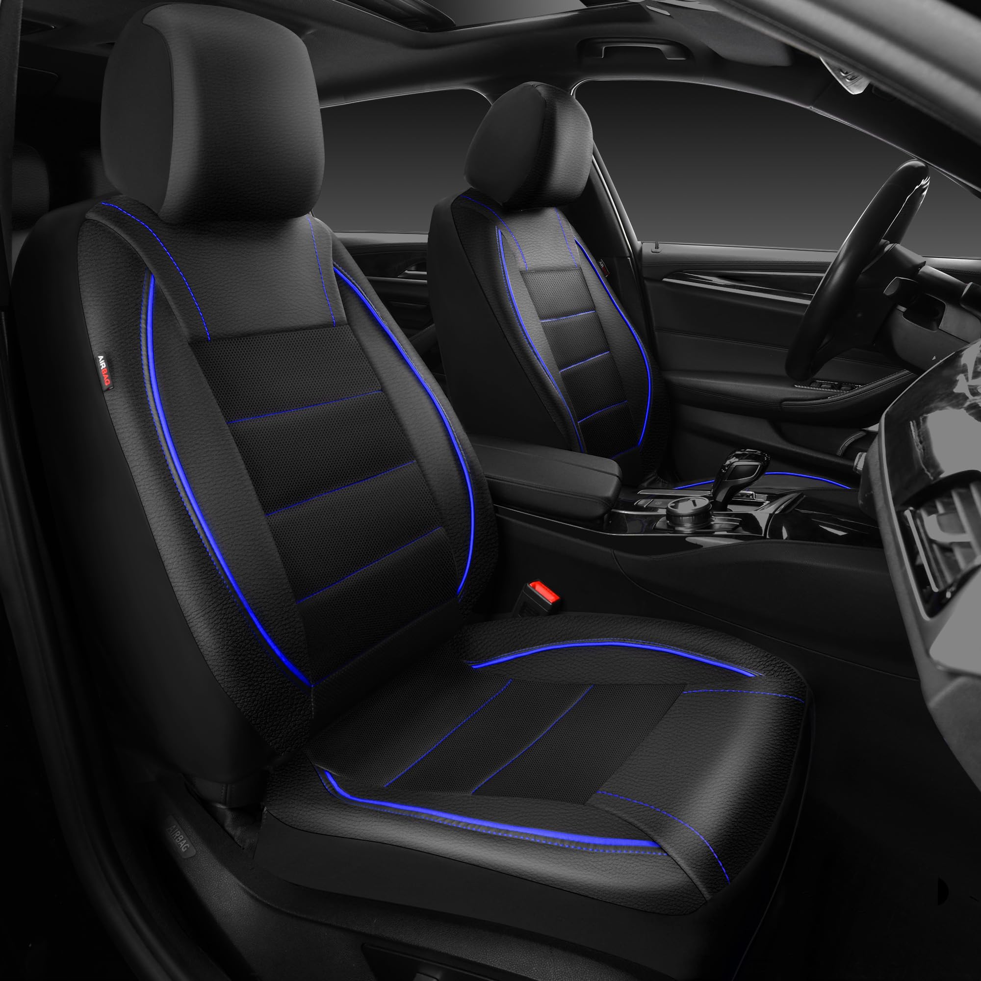 Photo 1 of CAR PASS Universal FIT Piping Leather Two Front Seat Covers, Waterproof Faux Leather for SUV Sedan Van Truck, Airbag Compatible,Reserved Opening Holes for Headrest Covers. (Black and Blue)
