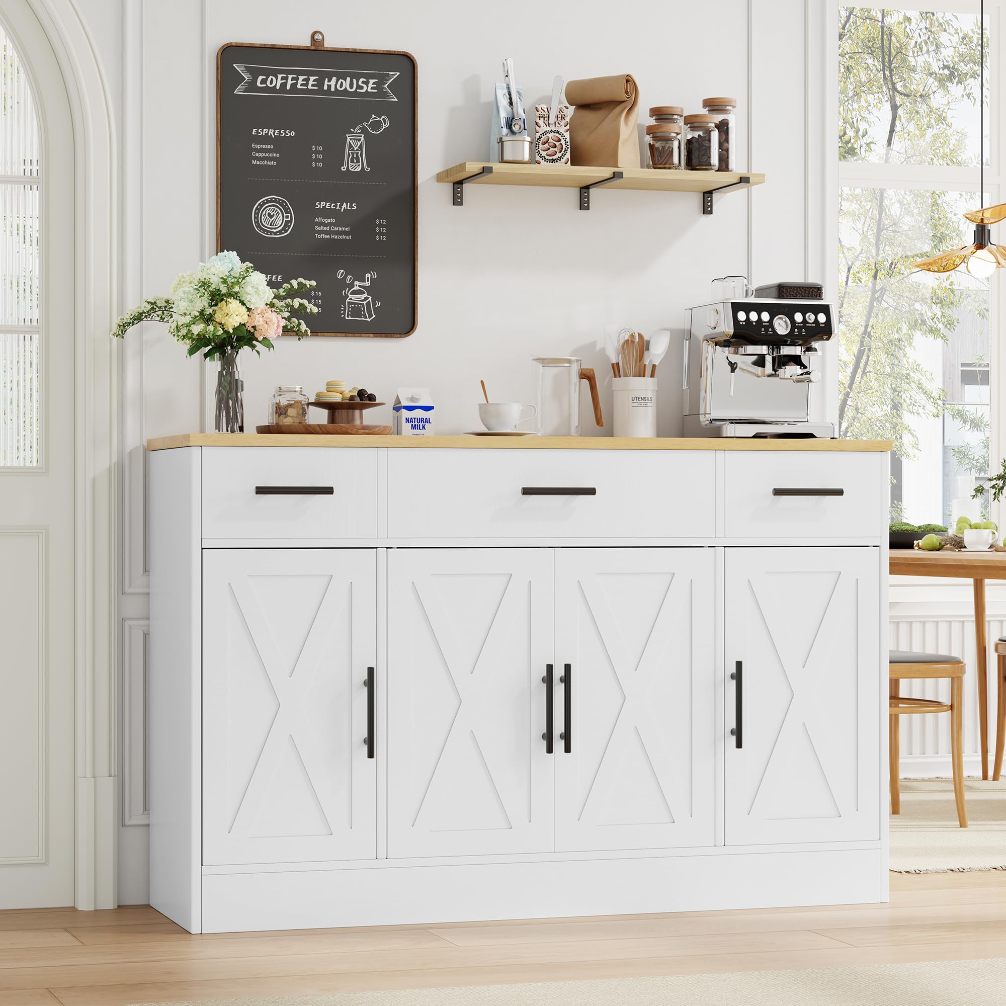 Photo 1 of ***********FINAL SALE- NO RETURNS********** Shintenchi 53.4" Sideboard Buffet Cabinet with Storage, Large Kitchen Buffet Storage Cabinet with 3 Drawers and 4 Doors, Wood Farmhouse Sideboard with Adjustable Shelf for Kitchen, Dining Room, White