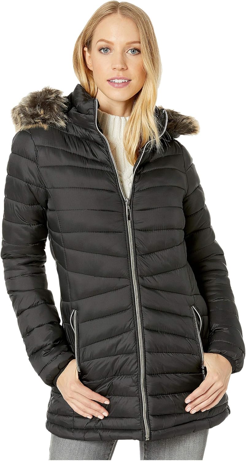 YMI Snobbish Long Polyfill Puffer Jacket with Faux Fur Trim