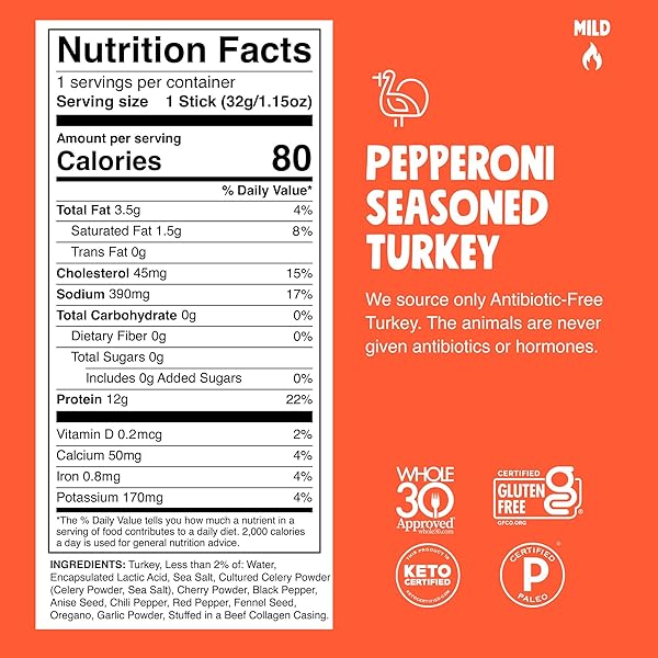 CHOMPS PEPPERONI TURKEY JERKY STICK, 1.15 OZ