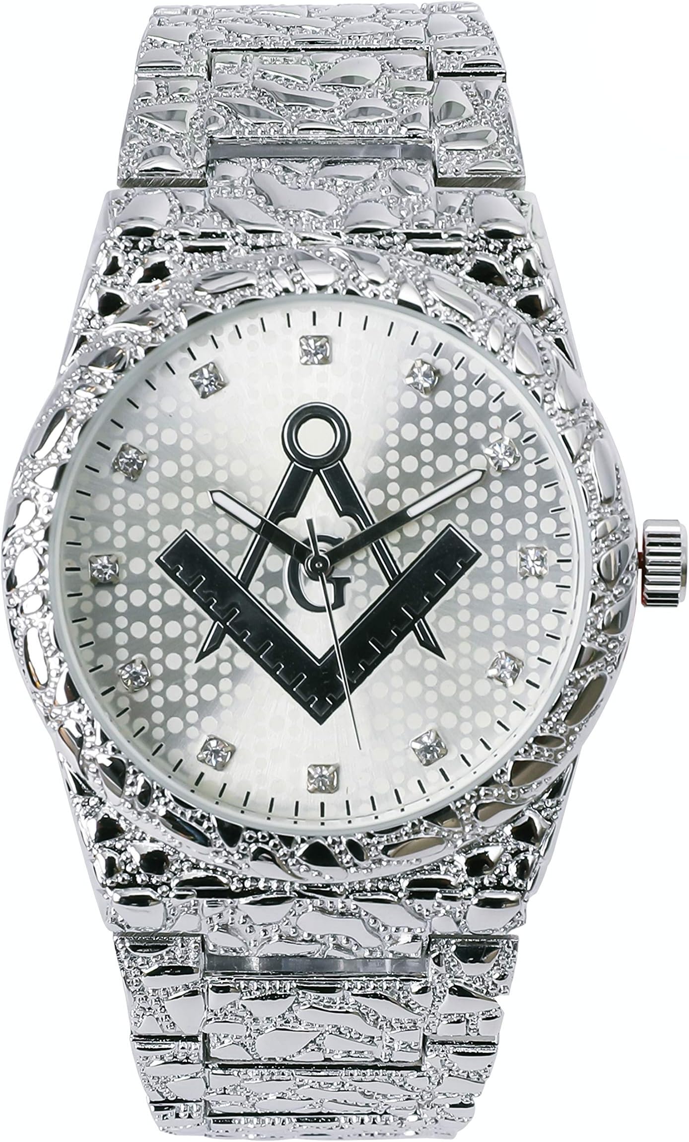 Men's Luxury Iced Out 14K White Gold Plated Freemason Nugget Metal Band Rapper's Bling Watch and Miami Cuban Bracelet