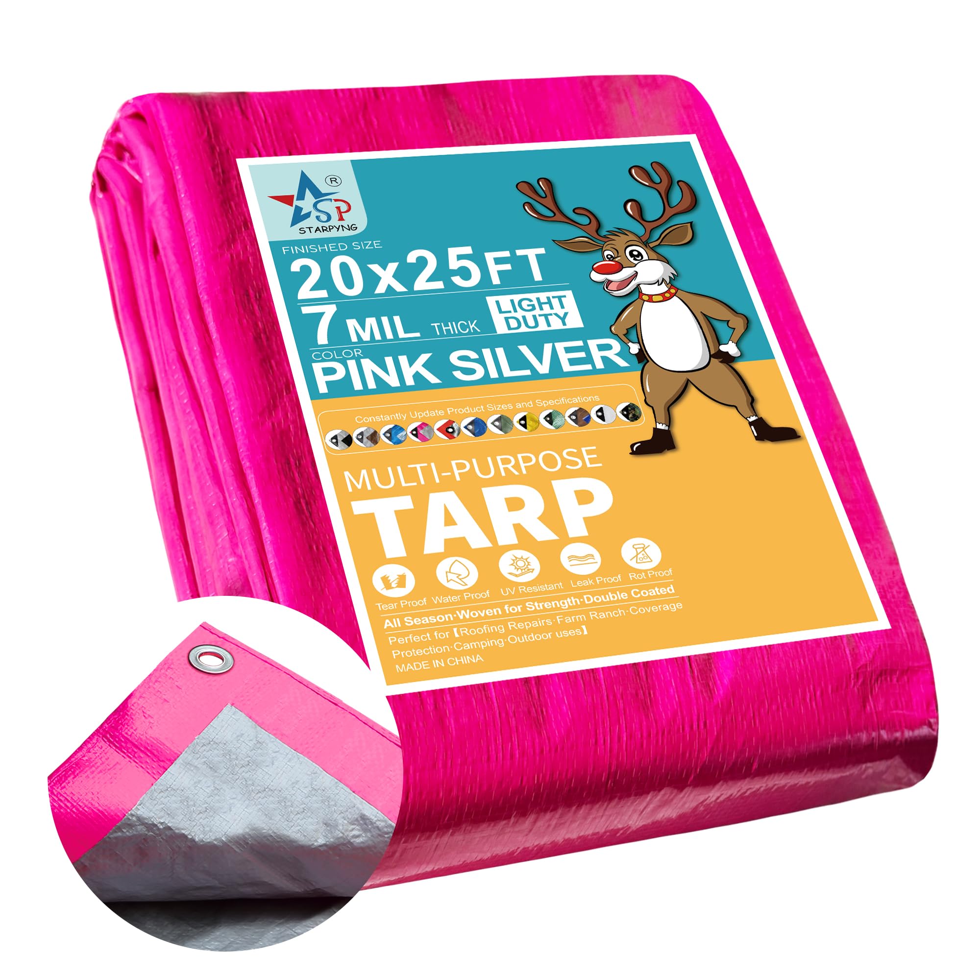 STARPYNG-7 Mil Pink/Silver 20x25 Feet Tarp-Multifunctional Waterproof Tarpaulin-Waterproof, UV Resistant, Rip and Tear Resistant, Poly Tarpaulin with Reinforced Edges for Cover Image STARPYNG-7 Mil Pink/Silver 20x25 Feet Tarp-Multifunctional Waterproof Tarpaulin-Waterproof, UV Resistant, Rip and Tear Resistant, Poly Tarpaulin with Reinforced Edges for Cover Image