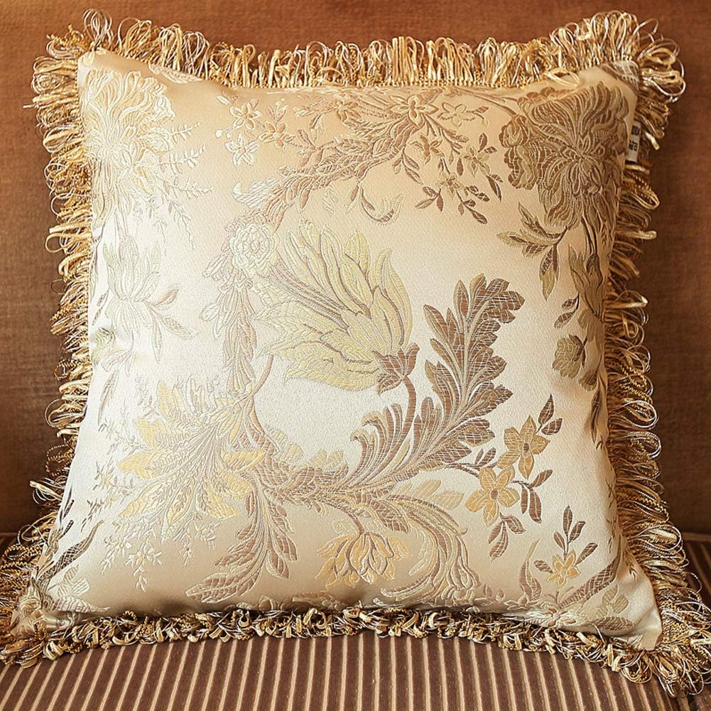 Luxury Palace Satin Jacquard Throw Pillow Cover,Tassel Edge Decorative Pillowcases,Exquisite Embroidery Jacquard Sofa Cushion Cover