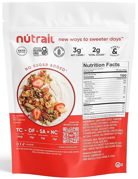 NUTRAIL NUT GRANOLA CEREAL, VANILLA STRAWBERRY, NO SUGAR ADDED, KETO, LOW CARB, GLUTEN FREE, GRAIN FREE, HEALTHY BREAKFAST 8 OZ. 1 COUNT