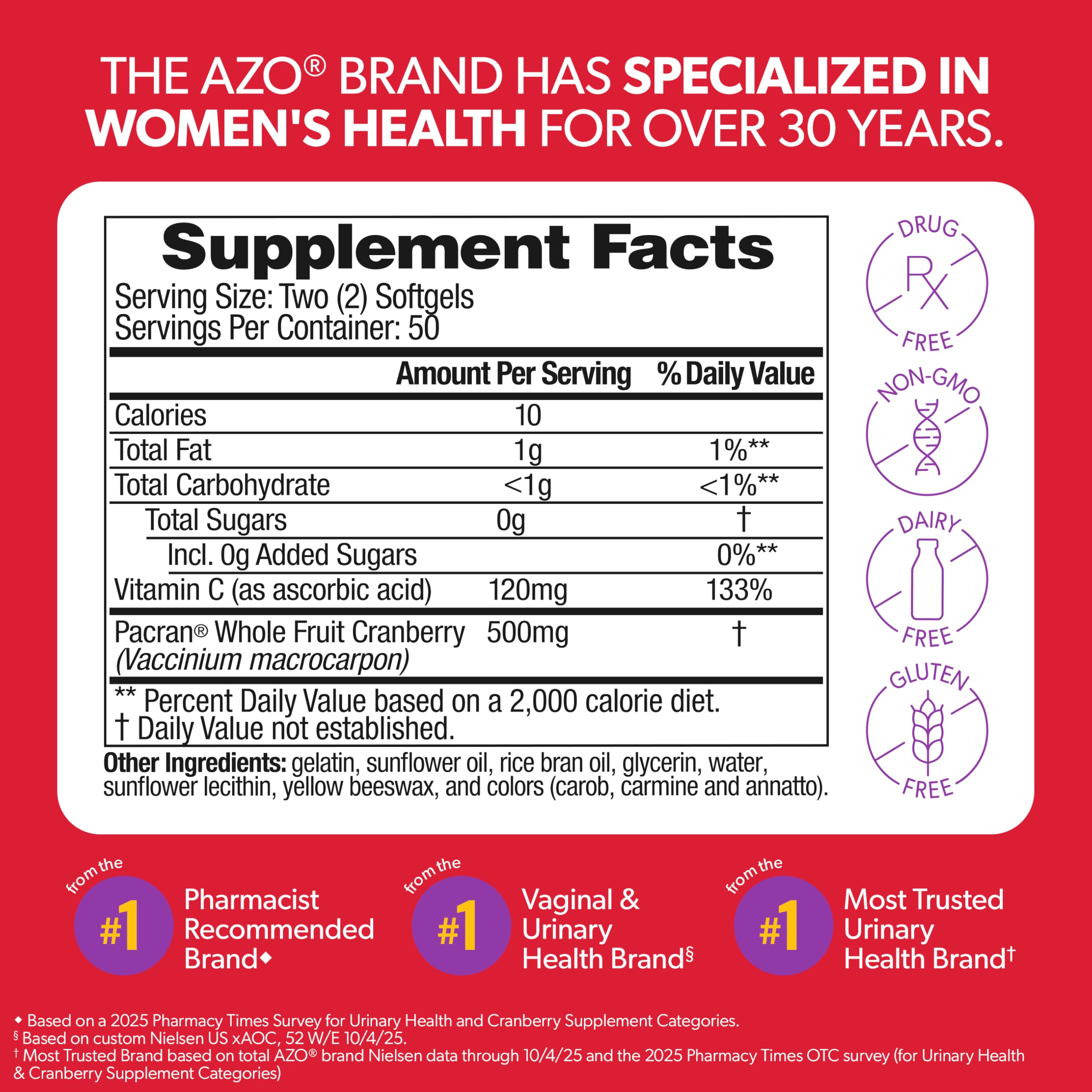AZO Cranberry Supplement, Made with Concentrated Whole Fruit Cranberry Powder to Help Cleanse and Protect the Urinary Tract*, Sugar Free Cranberry Pills, Non-GMO, 100 Softgels
