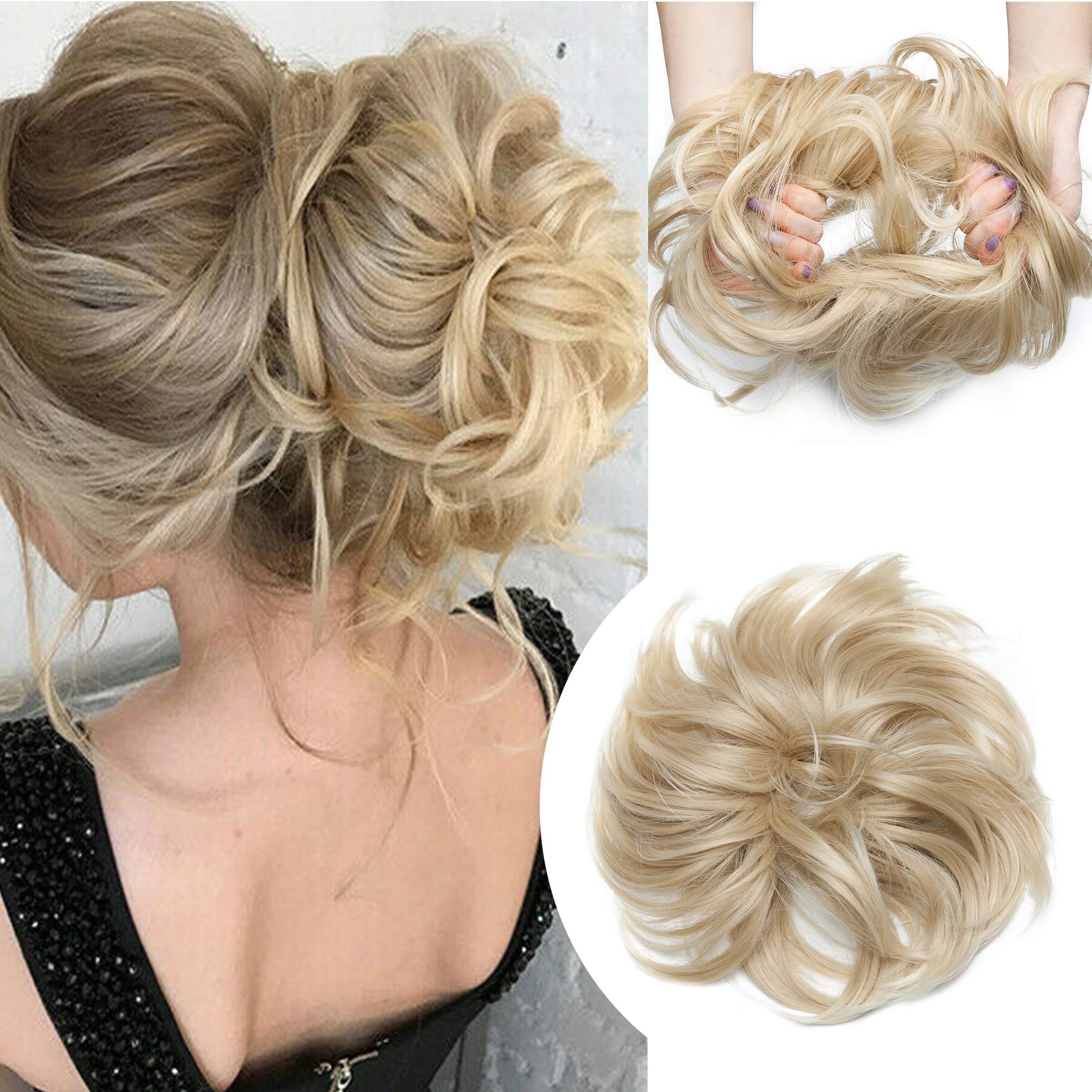 Large Messy Bun Scrunchie Hair Piece Elastic Updo Cover Hair Extension Instant Ponytail Curly 80g 1pc Tousled Synthetic Hairpiece Thick Hair Donut Ash Blonde mix Bleach Blonde