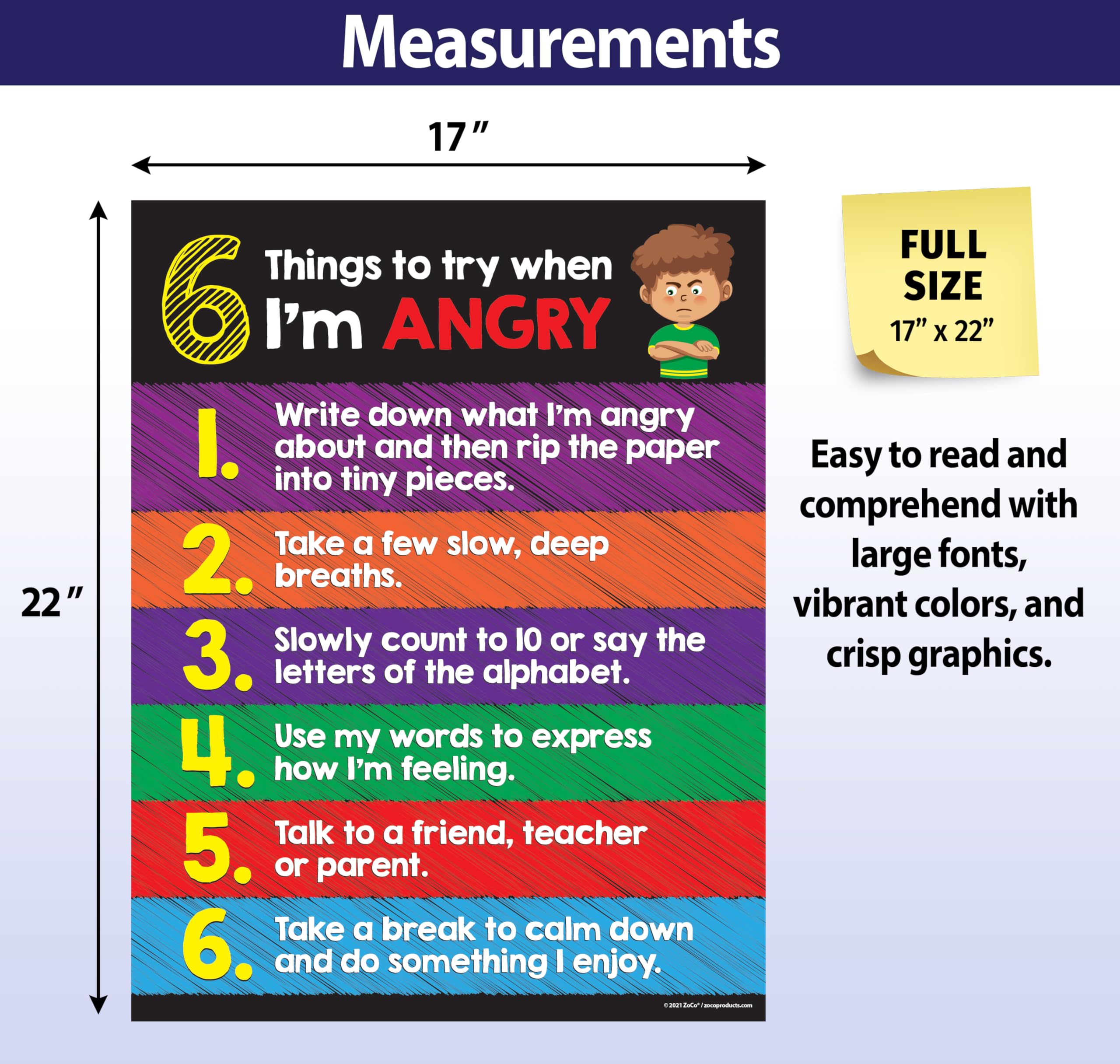 Safety Magnets ZOCO – Anger Management Poster for Kids – SEL Behavior Chart for Classroom or Calm Down Corner – Coping Skills Visual Tool – Laminated 17x22 – Preschool Elementary Emotional Regulation
