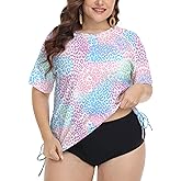 FOREYOND Plus Size Swim Tops Women Short Sleeve Rash Guard Shirts UPF 50+ Sun Protection Swimwear Swim Suits