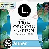 L. Ultra Thin Pads for Women, Organic Cotton Top Layer, Super Absorbency, Menstrual Pads with Wings, Made Without Synthetic Pesticides and Fragrances, 42 Count