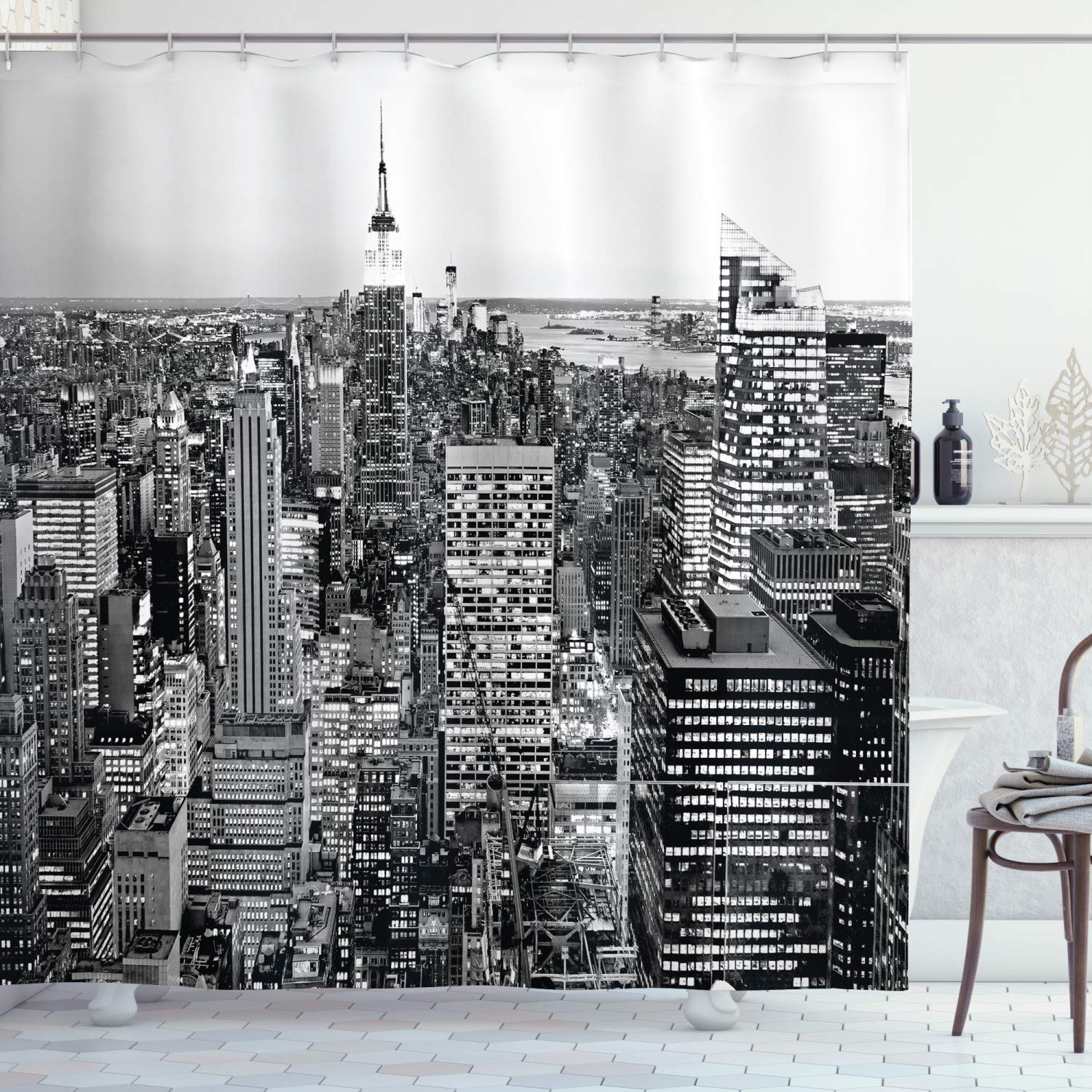 ABAKUHAUS New York Shower Curtain, Panorama of Manhattan High Buildings of City Famous Monument USA Black and White Photo, Cloth Fabric Bathroom Decor Set with Hooks, 86 Inches Extra Long, Grey — image 1