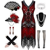 1920s Dresses for Women, Flapper Dress Lace Fan Feather Headband Sequins Beads Fringes 20s Accessories Vintage Mafia Costume