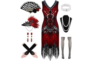 VILLBECOSER 1920s Dresses for Women, Flapper Dress Lace Fan Feather Headband Sequins Beads Fringes 20s Accessories Vintage Mafia Costume