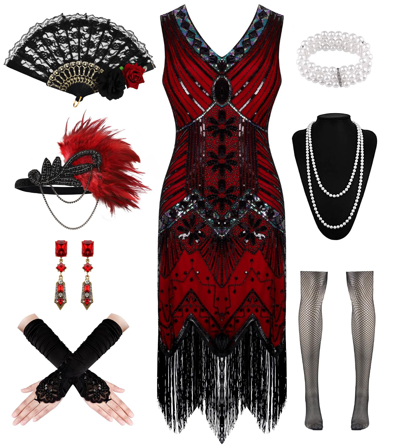 Photo 1 of 1920s Dresses for Women, Flapper Dress Lace Fan Feather Headband Sequins Beads Fringes 20s Accessories Vintage Mafia Costume BlackRed M
