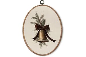 Hxlac Vintage Christmas Bell Oval Wall Art Framed, Neutral Christmas Bell Pine Bow Oval Wall Decor, Cottagecore Winter Holiday Hanging Canvas Prints Sculptures for Home Decor, 8.5x11.5 Inch