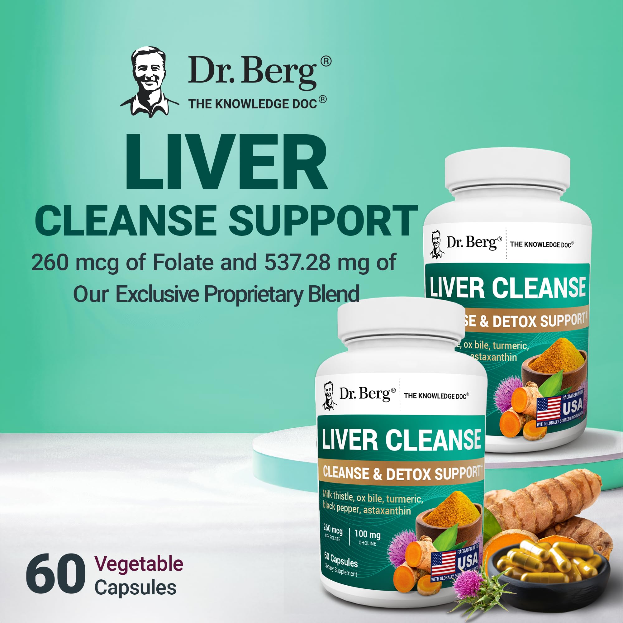 Dr. Berg Liver Cleanse Detox Capsules w/Unique Blend of Milk Thistle, Ox Bile & Folate - Liver Supplement Includes Turmeric, Black Pepper & Choline - 60 Capsules