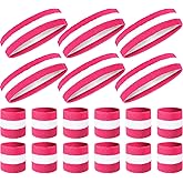 18 Pieces Sweatband Set Headband Wristband Set Sports Sweatbands Set Striped Sweatband Set 80s Sweatbands 90s Headband 70s Headband for Women (Pink/White/Pink)