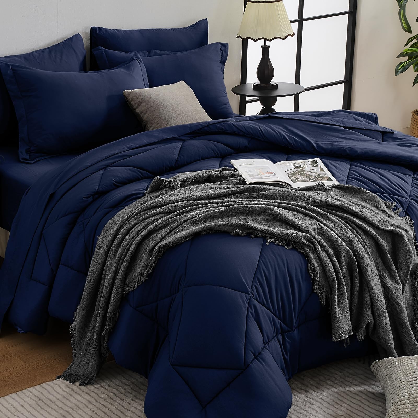 HEVUMYI Navy Blue Twin-XL Comforter Set - 5-Piece All Season Bed in a Bag Twin-XL, Ultra Soft Bedding Set with Comforter, Flat Sheet, Fitted Sheet, Pillowcases, Pillow Shams, Navy Blue Image