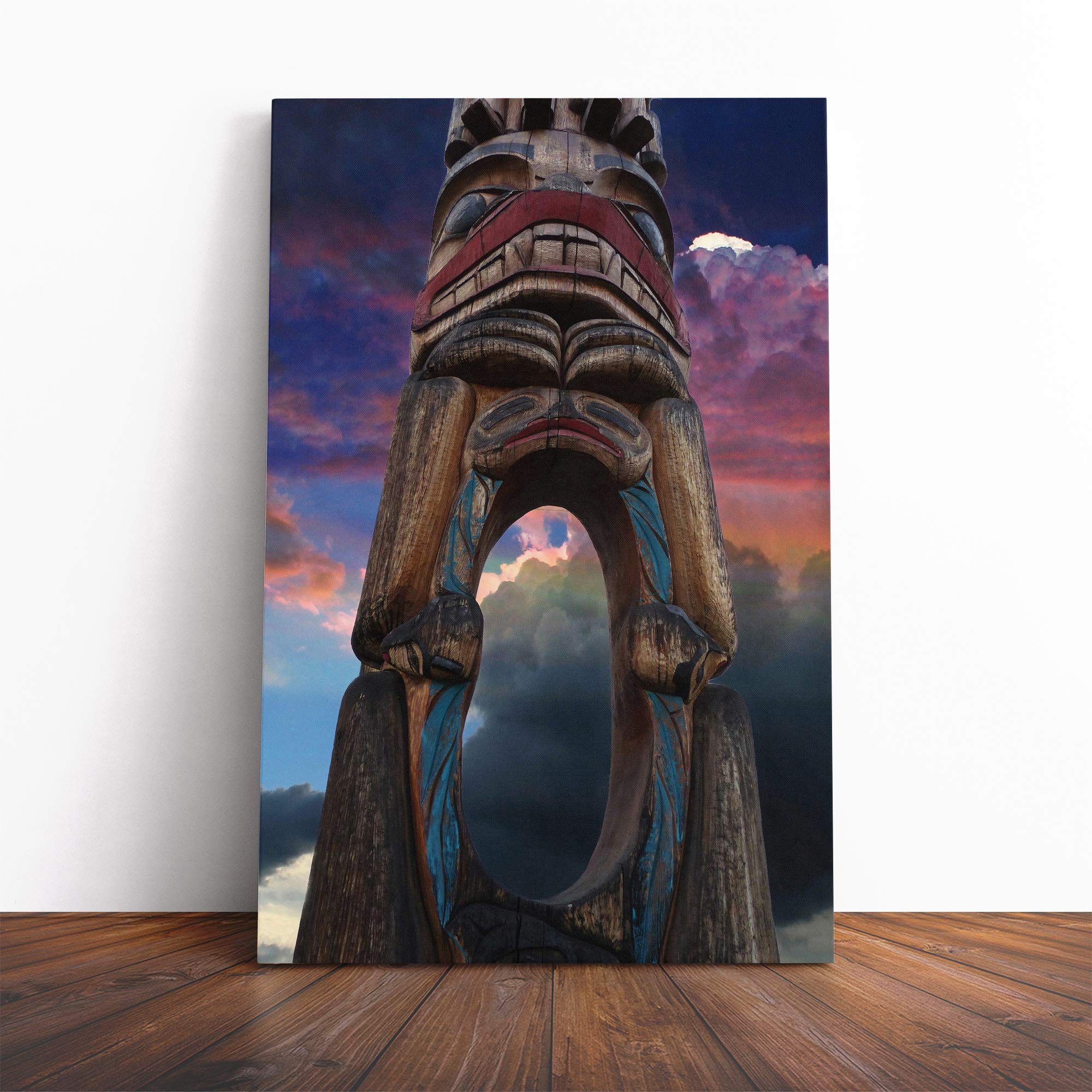 Totem Pole Native American (3) Canvas Print | Gallery Wrapped 30mm Frame Wall Art | 20x14 inches | Ready to Hang | Modern Picture | Living Room Bedroom Lounge Office
