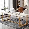Tribesigns Modern Executive Desk, 70.9’’ W X 31.5’’ D Large Computer Desk Office Work Desks with Gold Metal Base, White and Gold Study Writing Desk, Small Conference Table Workstation for Home Office
