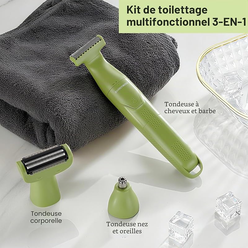 Tondeuse de précision 3-en-1 pour homme, kit de soins pour barbe et cheveux, tondeuse corps, tondeuse nez et oreilles, rasoir sans fil rechargeable avec chargement USB (Vert)