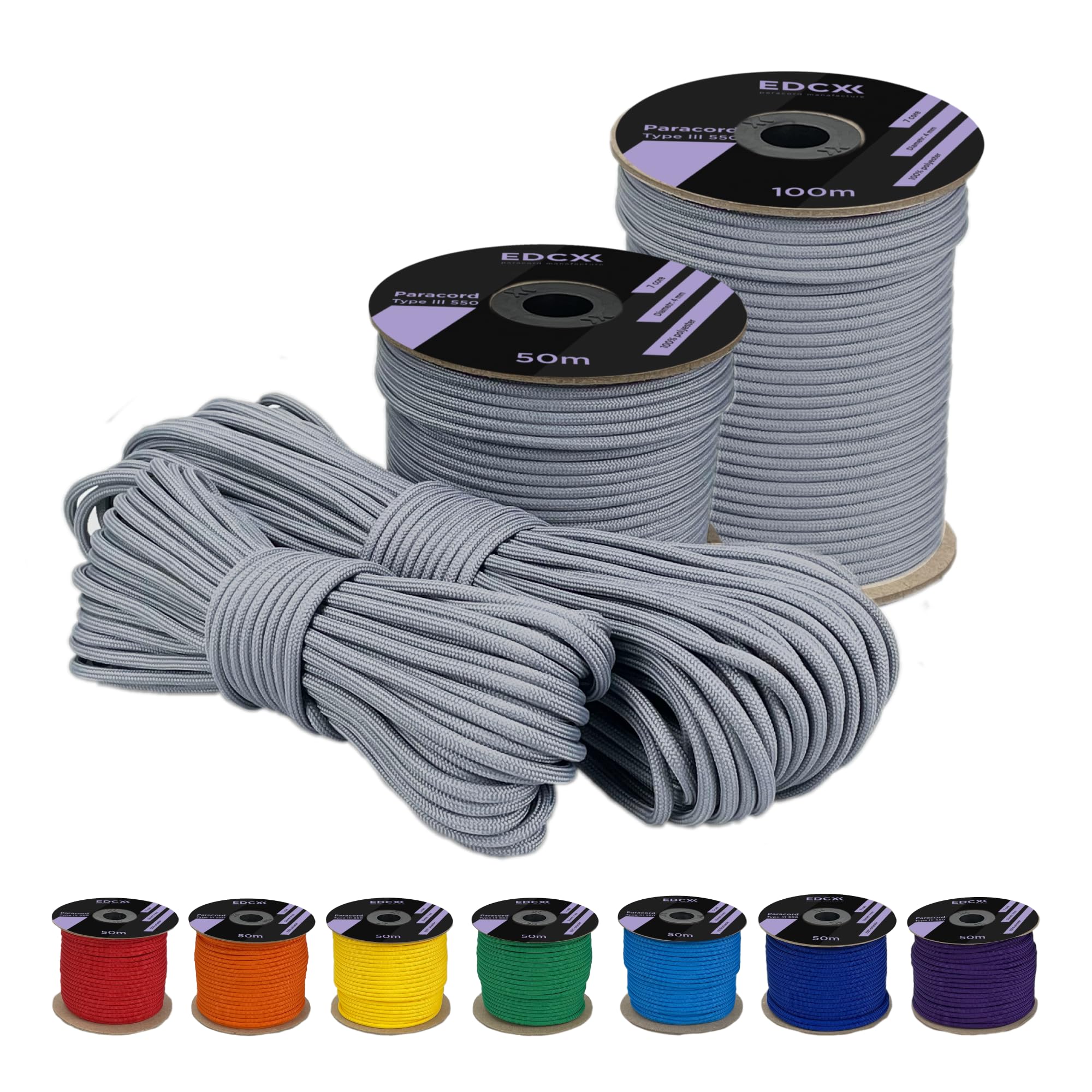 EdcX 4 mm Polyester Paracord 550 (15, 30 and 50 m) – 4 mm Type III, Tear-Resistant Parachute Cord for Survival Made of 100% Polyester with 7 Wires | Solid Colours (Gray, 50 m)