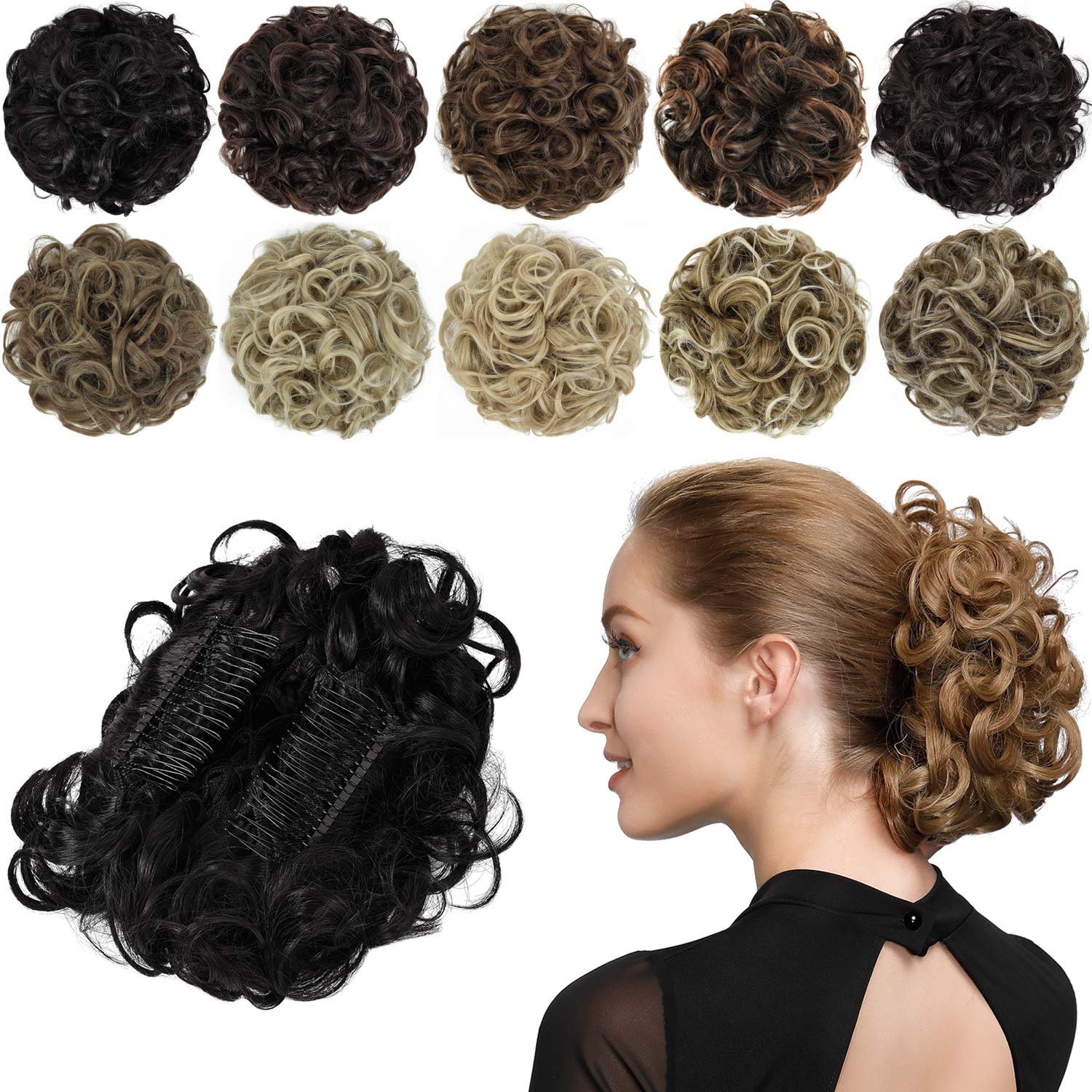 Photo 1 of Rose  Chignon Hairpiece Curly Bun Extensions Scrunchie Updo Synthetic Combs in Messy Bun Hair Piece for Women Off Black Natural