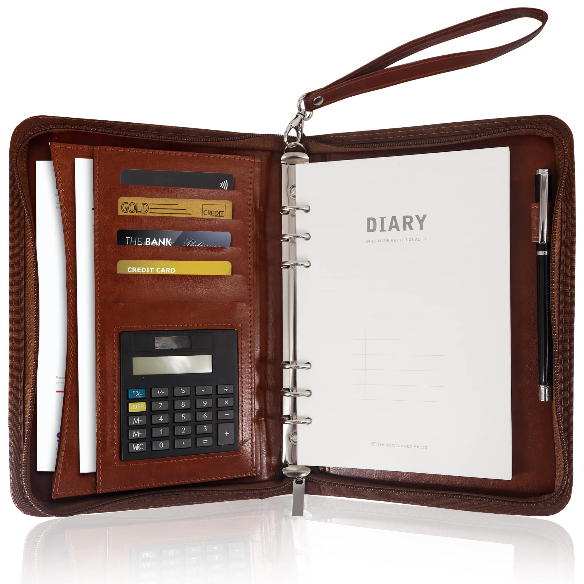 GraduatePro A5 Clipboard Folder with 120 Note Paper and 6-Ring Binder, Waterproof Business Organizer Without Calculator-（Brown）