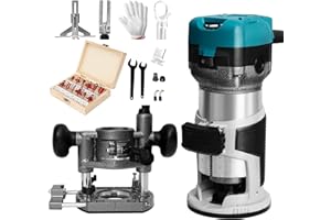 LEUMUAS 4 in 1 Wood Router Tool,1.25-HP Compact Router 6 Variable Speed, with Plunge Router & Fixed Base,12-Piece Router Bits Set,and 1/4" & 5/16" Collets,Edge Guide, Roller Guide, Dust Hood
