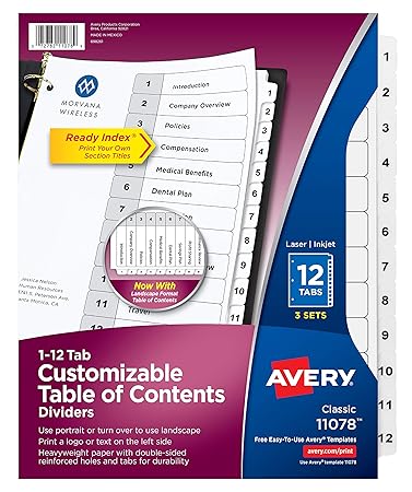 Avery 12 Tab Dividers For 3 Ring Binders Customizable Table Of Contents Classic White Tabs 3 Sets 11078