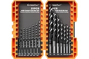 Crosstar M35 Cobalt Drill Bit Set for Hardened Metal & Stainless Steel - 21pcs Titanium Aluminum Nitride Coated (TiAlN), Three-Flute Design, 1/16"-1/2" Metal Drill Bits