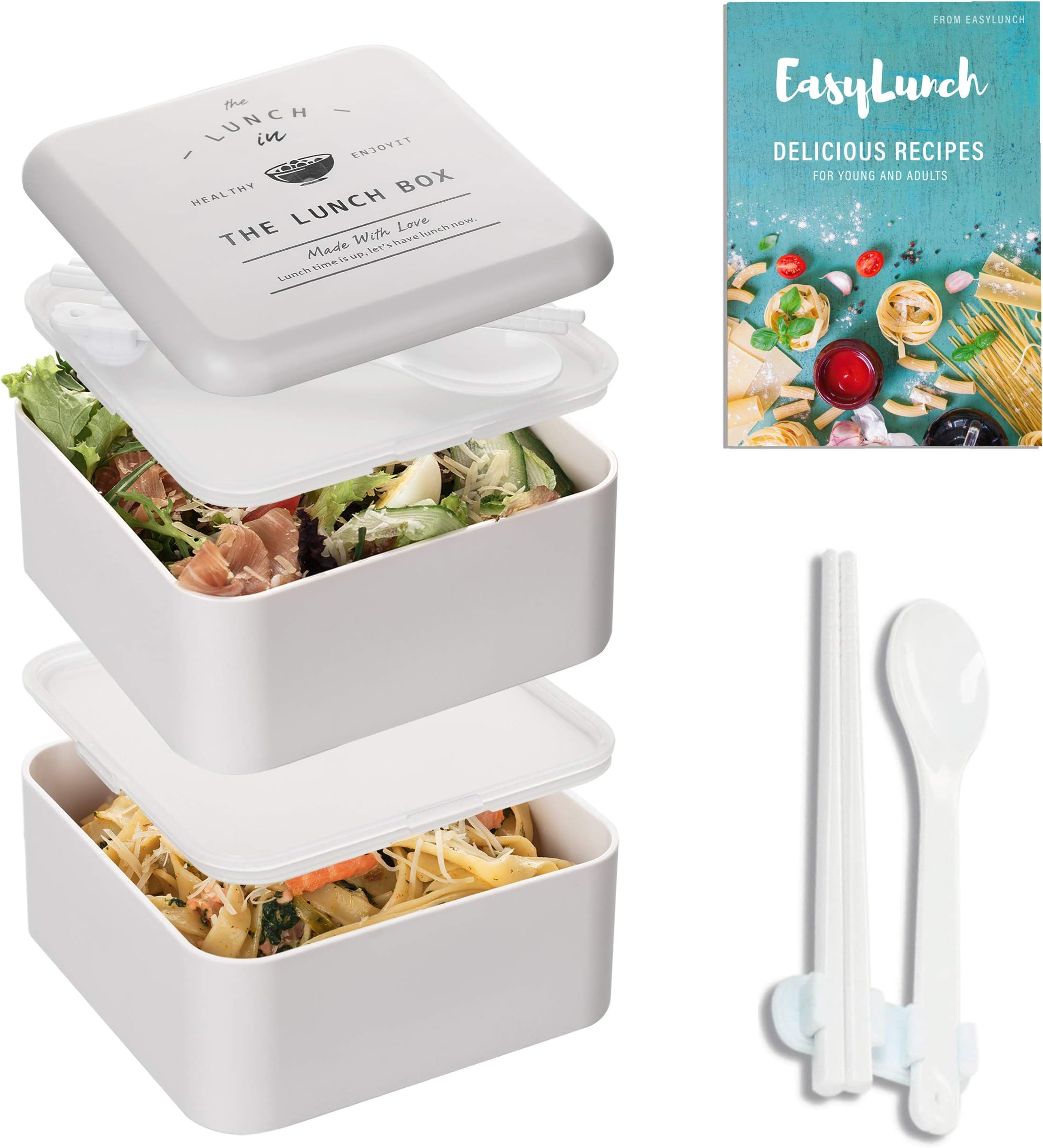 Two Stackable LeakProof Bento Box - Microwave Safe and Lunch Containers 2 Layer Lunch Box Kids & Adults For Healthy Snacks Stylish Traditional Japanese Bento Box With Chopsticks BPA-Free