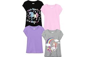 QWE 4 Pieces Girls Shirts Girls Short Sleeve Cotton T-Shirt Graphic Tees Tops for Girls 5-12 Years
