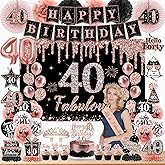 40th Birthday Decorations for Women,Rose Gold 40th Birthday Decorations,Happy 40th Birthday Banner, Balloons,Hanging Swirls,Cake Topper,Backdrop,Crown,Sash,Paper Fans,for 40 Years Old Birthday Decor