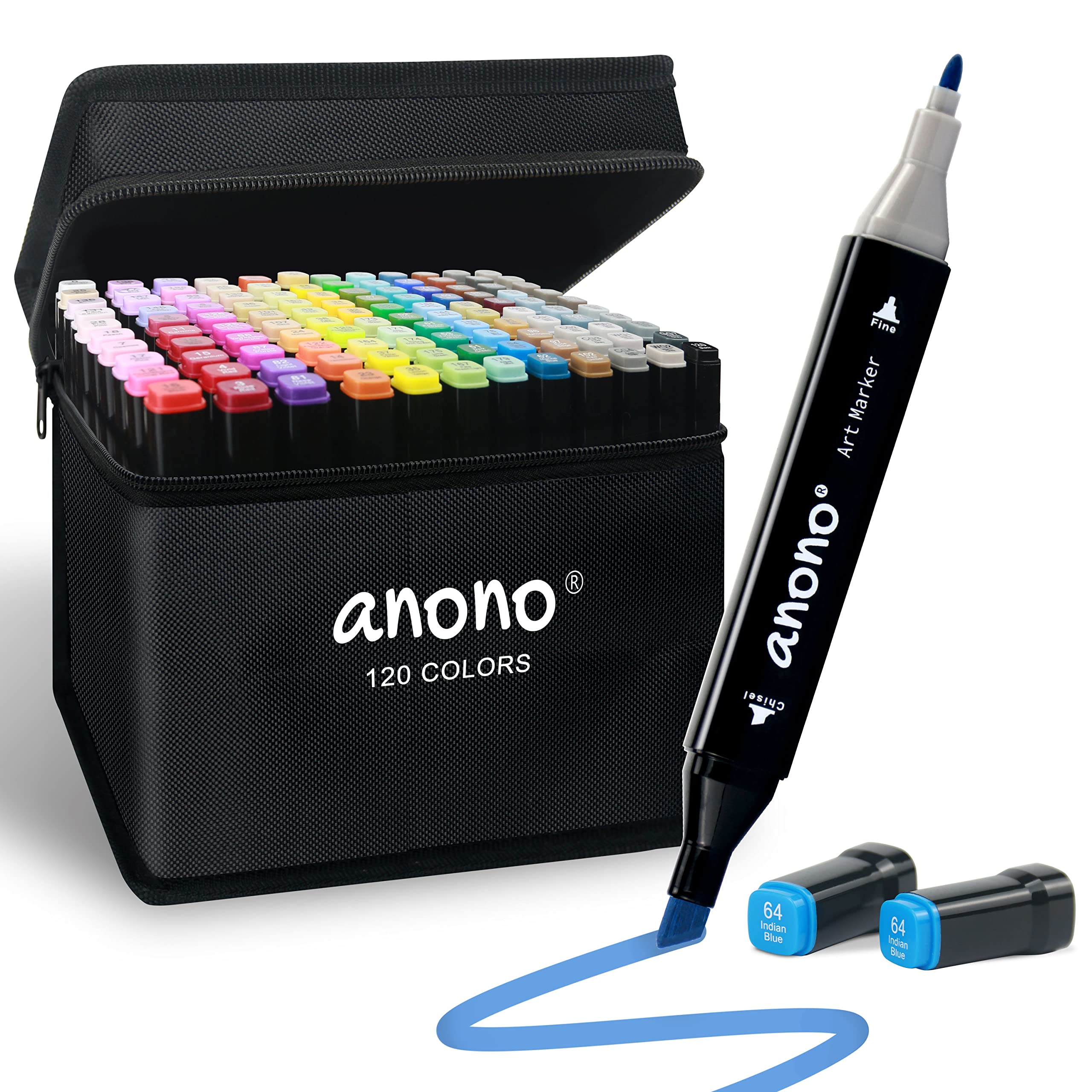 Photo 1 of anono 120 Colors Alcohol Markers Set, Coloring Markers with Chisel and Fine Tips, Includes Carrying Case, Suitable for Book Painting and Coloring, Black Barrel