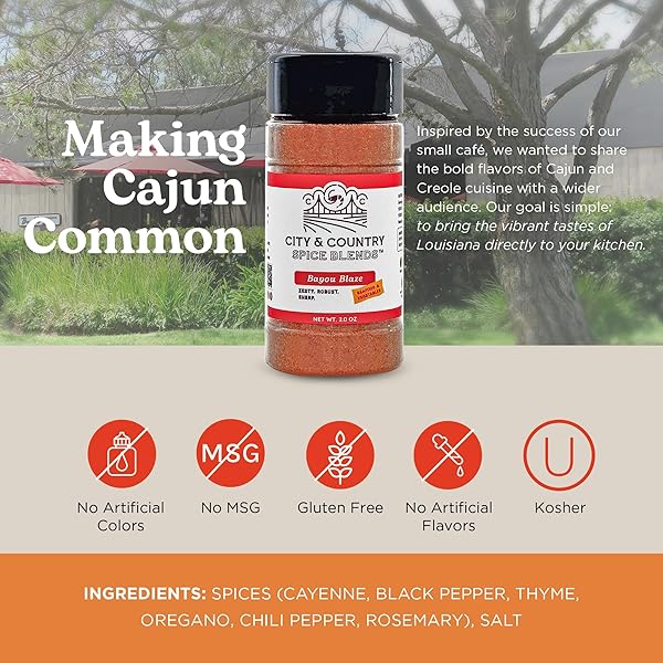 CITY & COUNTRY SPICE BLENDS BAYOU BLAZE CAJUN SEASONING. GOURMET, GREAT ON SEAFOOD & VEGGIES. NO ARTIFICAL COLORS OR FLAVORINGS. KOSHER. NO MSG. GLUTEN-FREE. 2.0OZ