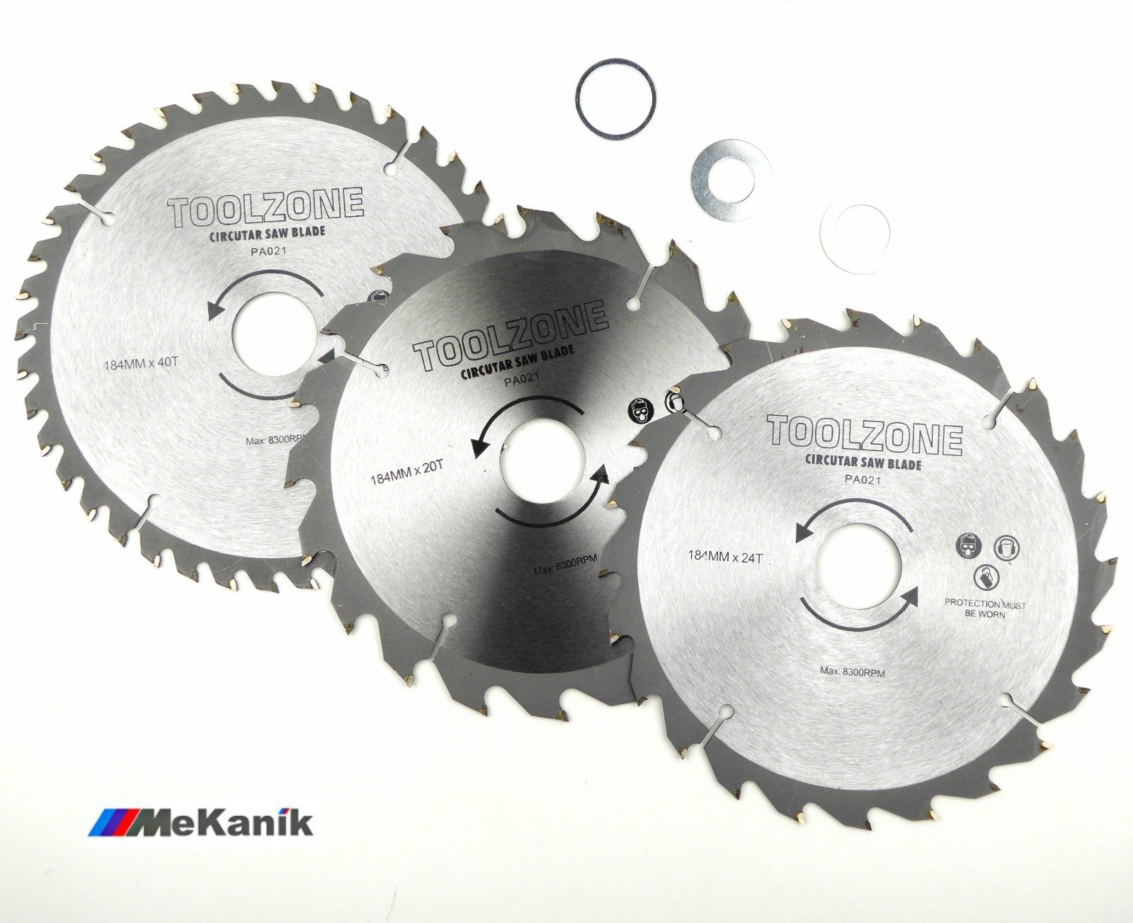 toolzone PA021 184 mm TCT Circular Saw Blades 20/24/40 Teeth with Adapter O-Rings - Silver (3-Piece)