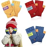 Evervibe 3 Pairs Kids Fingerless Gloves Winter Mittens Convertible Flip Top Warm Gloves for 7-12 Toddler