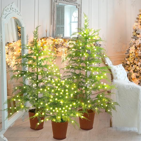 CINNVOICE CHRISTMAS 3FT 4FT 5FT POTTED PRE-LIT TWINKLE LED CYPRESS NORFOLK ARTIFICIAL CHRISTMAS TREE, FAUX POTTED PLANTS WITH A WOVEN BASKET BASE FOR FRONT PORCH INDOOR OUTDOOR DECOR(CYPRESS TREE)