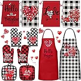 Newcotte 12 Pcs Valentine‘s Day Cooking Gift Sets for Couples Mr and Mrs Valentines Chef Apron Lovely Kitchen Towels Plaid Oven Mitt and Pot Holders Kitchen Accessories for Valentine‘s Day Gifts