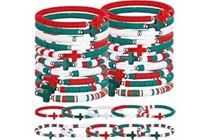 Landical 30/50 Pcs Cross Bracelets Bulk Jesus Bracelets Handmade Elastic Colorful Polymer Clay Bead Religious Wristbands Christian Wristband for Women Kid Christmas Stocking Stuffer