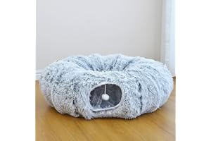 RYpetmia Plush Cat Tunnel Bed for Indoor Cats with Soft Cushion, Multi-Shape Play Cave with Hanging Balls, Large and Foldable Cat Donut Tunnel for Small and Large Pets (Grey)