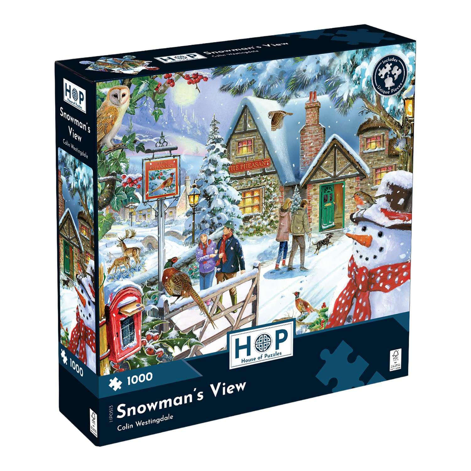 The House of Puzzles - Snowman's View Jigsaw - 1000 Piece Jigsaws For Adults, Artist Illustrated, Scenic Landscape, Deluxe Puzzle Gifts